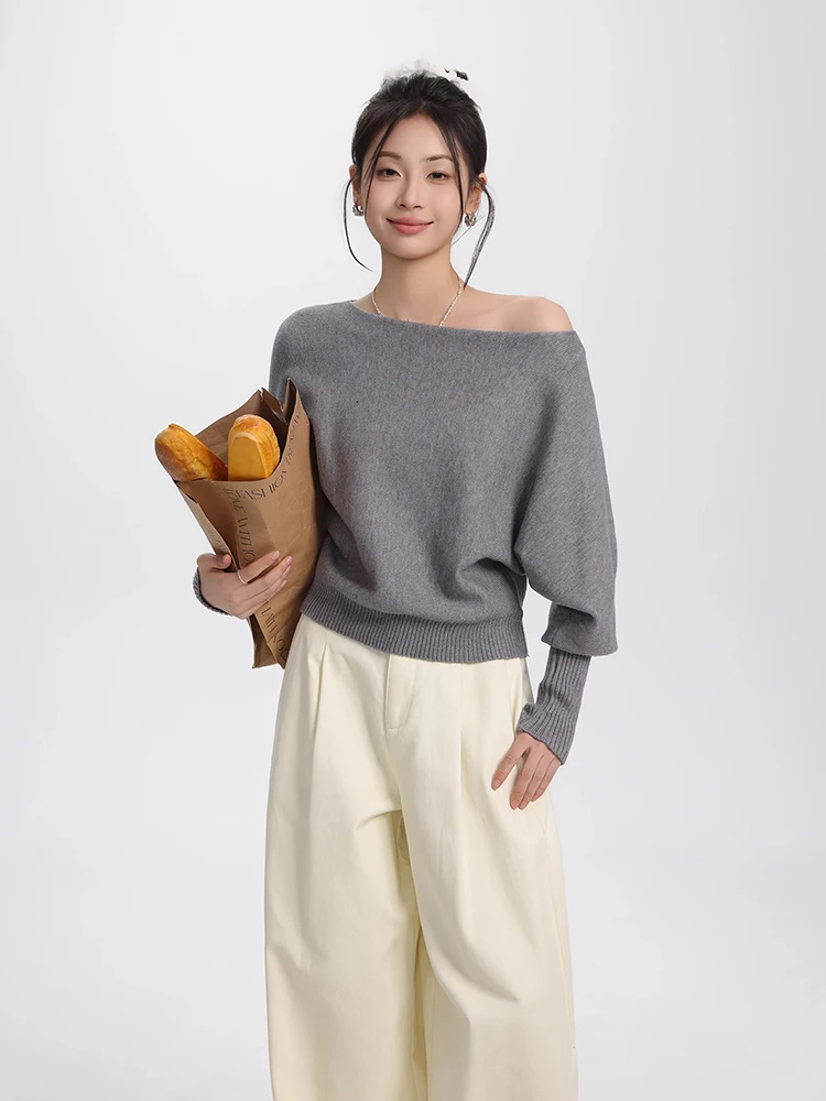 Off Shoulder Long Sleeve Sweater Autumn New Skew Collar Loose Pullover Knitted Tops Women Casual Solid Color Knitwears