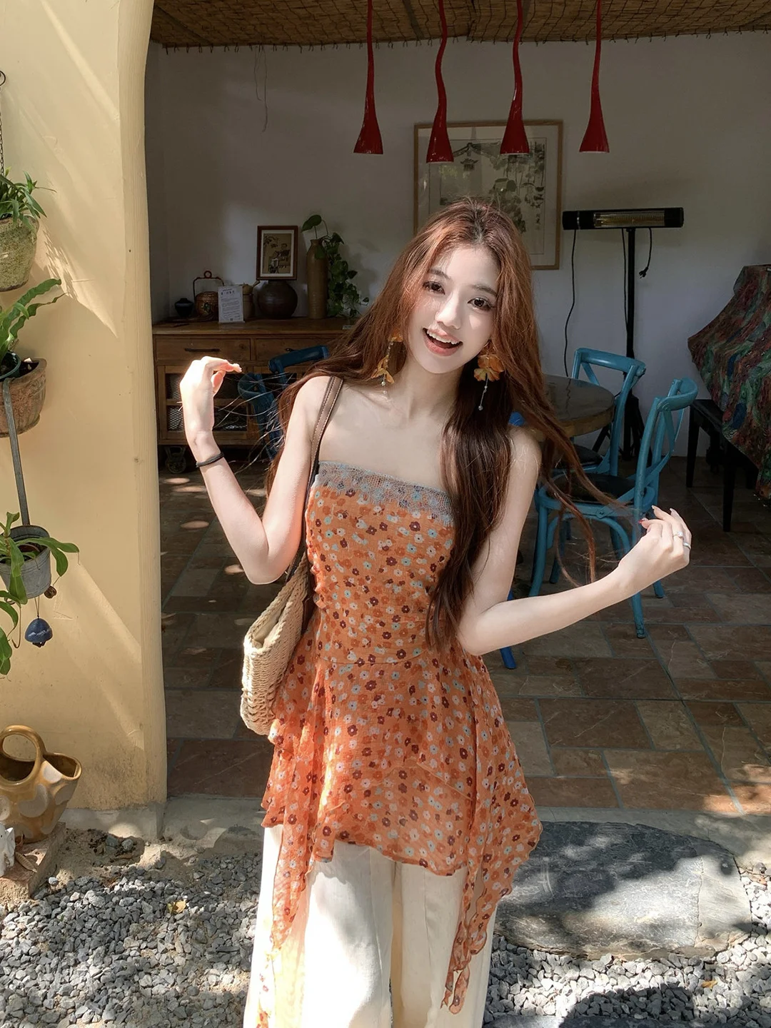 

Dopamine Orange Ruffle Hem Floral Crop Top Women's Summer New Uneven Pleat Waist Slimming Top Sweet Japanese Style Thin