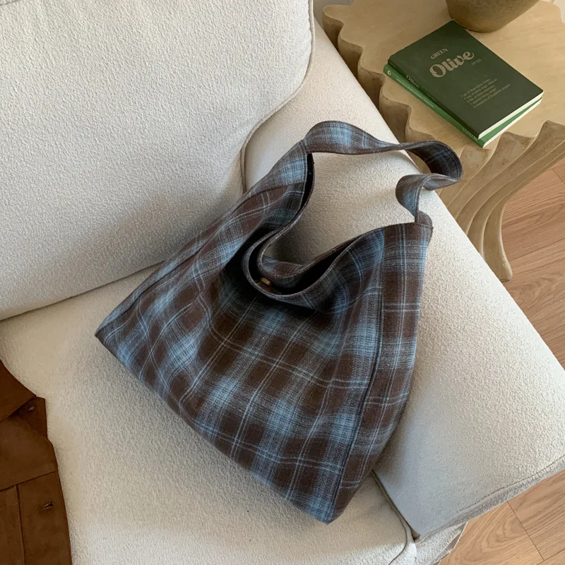 Korea Autumn-Winter New Style Retro Check Single-Shoulder Bag Relaxed Lazy Style Large Capacity Tote Bag Students Commuting