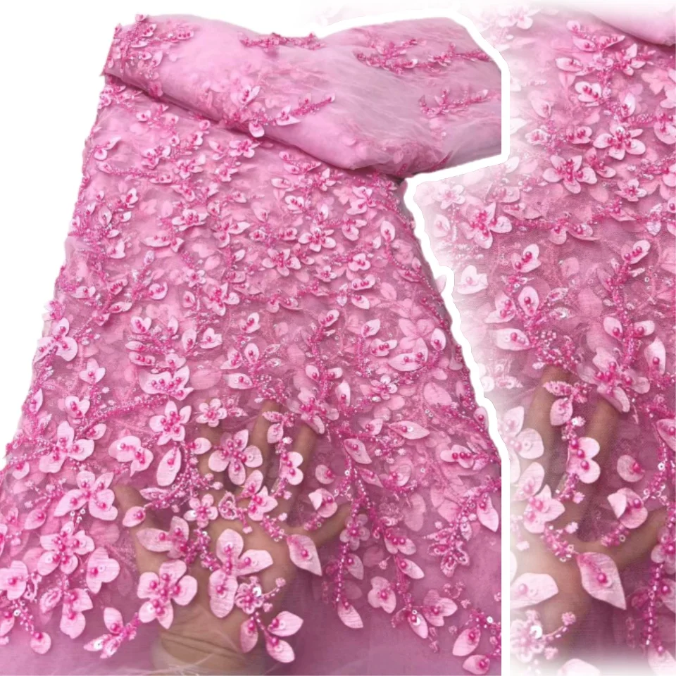 

Африканская кружевная ткань 2025, высокое качество, французский 3D цветок, блестки, вышивка бисером, тюль, кружевная ткань для праздничного платья SZ1582