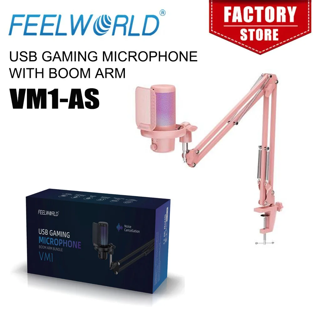 FEELWORLD VM1-AS USB Condenser Gaming Microphone for Streaming Noise Cancellation Mute RGB Light Boom Arm Stand