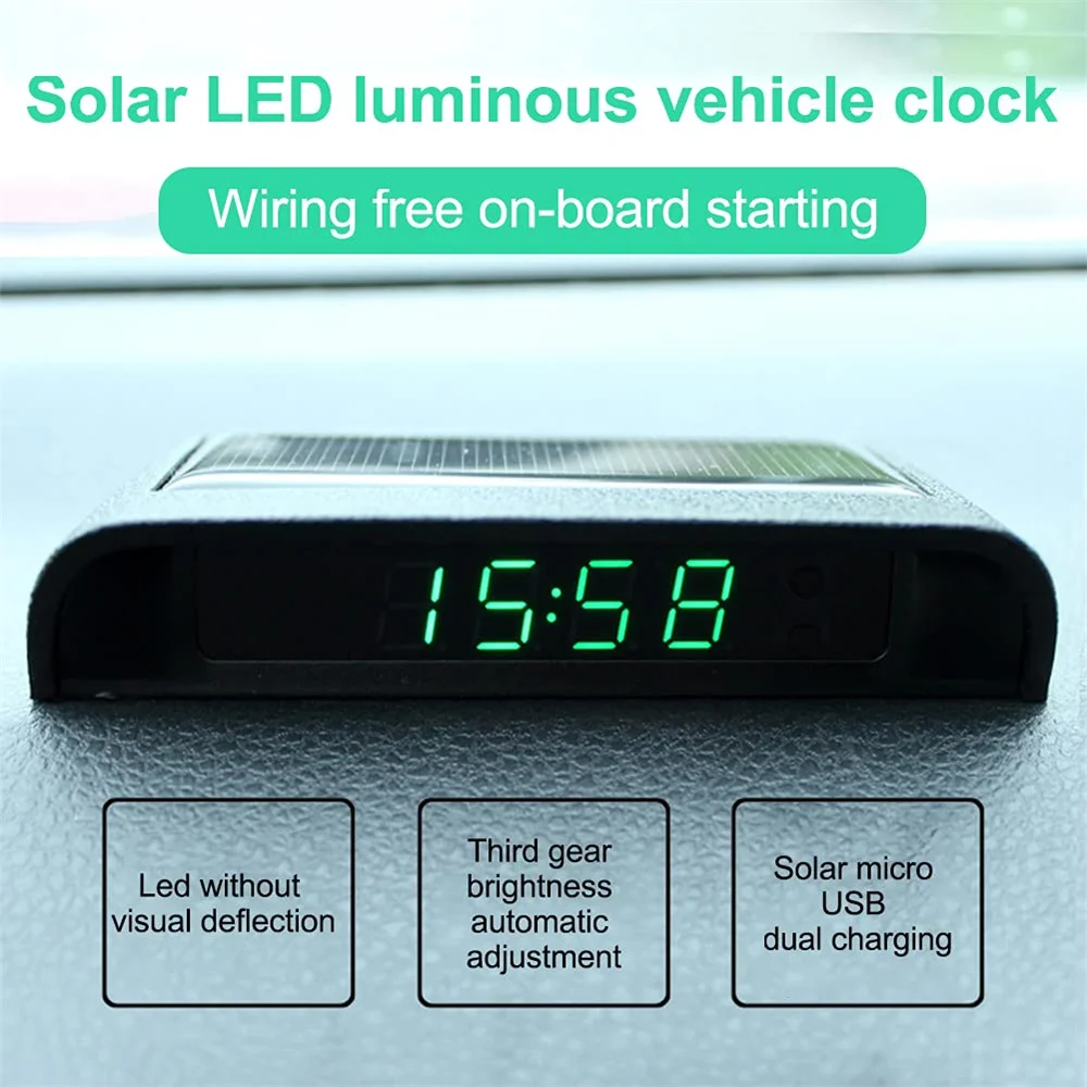 Car Clock Auto Internal Stick-On Digital Watch Solar Powered 24-Hour Car Clock With Builtin Battery Car Electronic Accessories