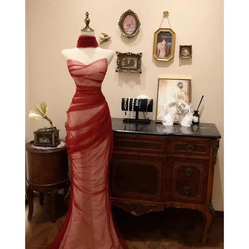 

Red Evening Dresses Strapless Sleeveless Banquet Celebrity Special Occasion Mermaid High Quality Female Gowns Floor Length