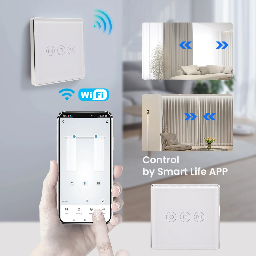 

WiFi Curtain switch EU Sliver Aluminum frame 2.5D arc edge Timer Schedule Wall Light Switch Neutral Wire Smart Switch