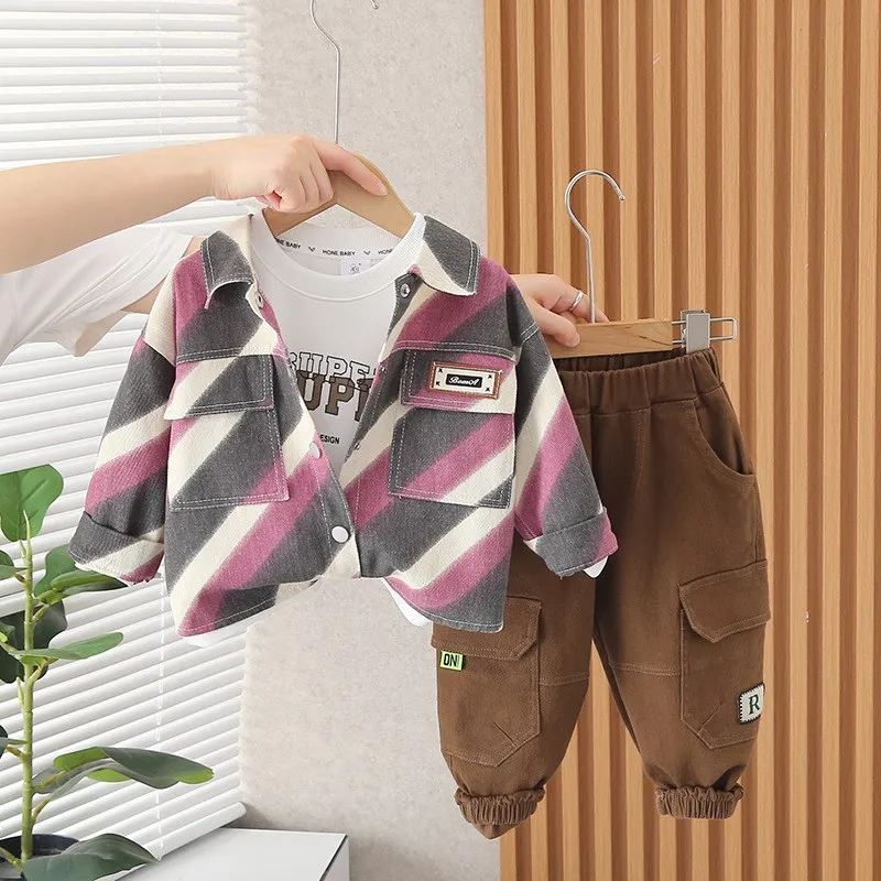 

Boys' Autumn Fashionable Casual Denim Jacket Baby Cool Three-piece Set Cute Striped Pattern Korean Style Children's Wear