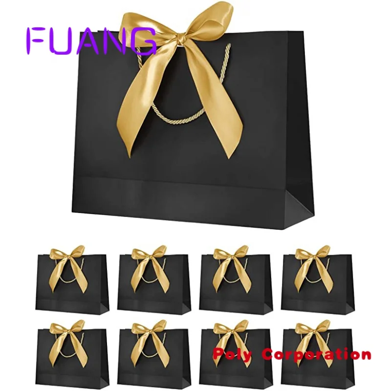 Custom  Luxury Paper Gift  packing  Bags with Golden Bow Ribbon,Present Bags for Birthday,Weddings,Festival Celebration,