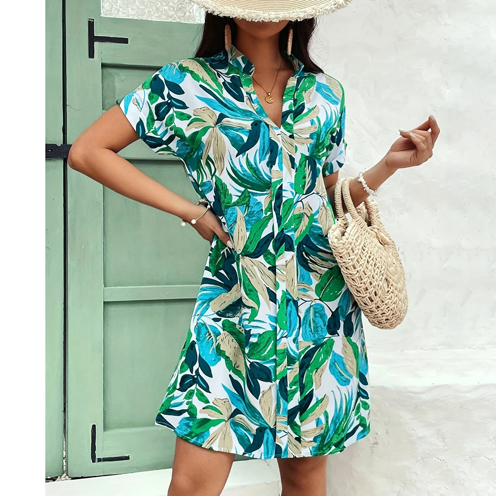 

Dress Summer Plant Print Dress Women's Short Skirt Lapel Pocket Button Down Shirt Plus Size Loose Women's Dress Full Of Vitality