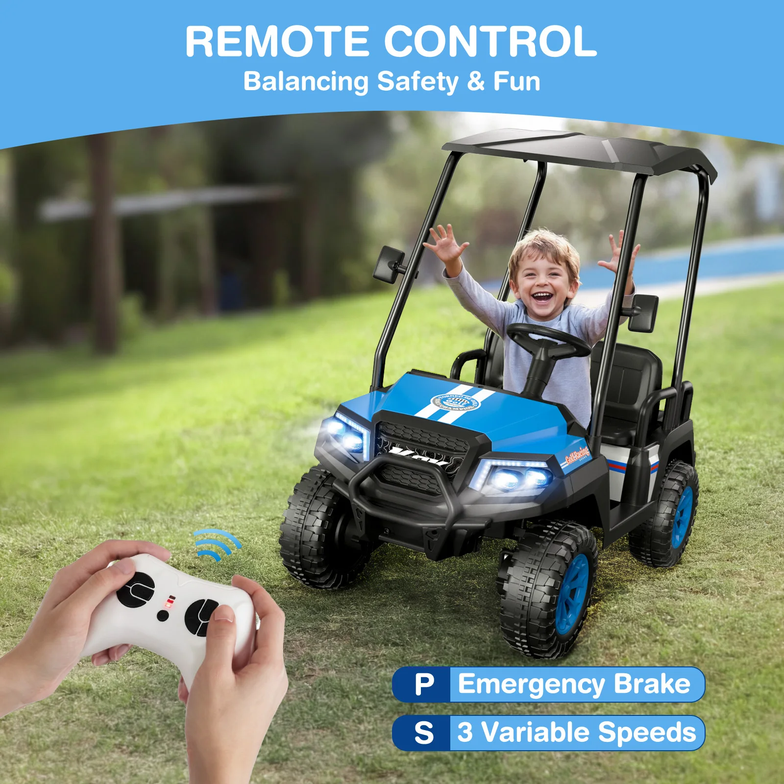 24V Ride-on Toys for Big Kids, 4-Seater Golf Cart, 264 Lbs Capacity, 4WD w/Remote, Awning, Suspension, Music & Power Display