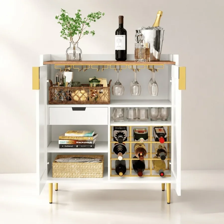 Wine Bar Cabinet with Fluted Texture, White for Modern Home Bar Setup Durable MDF Material, Sleek Matte Finish, Space-Saving De