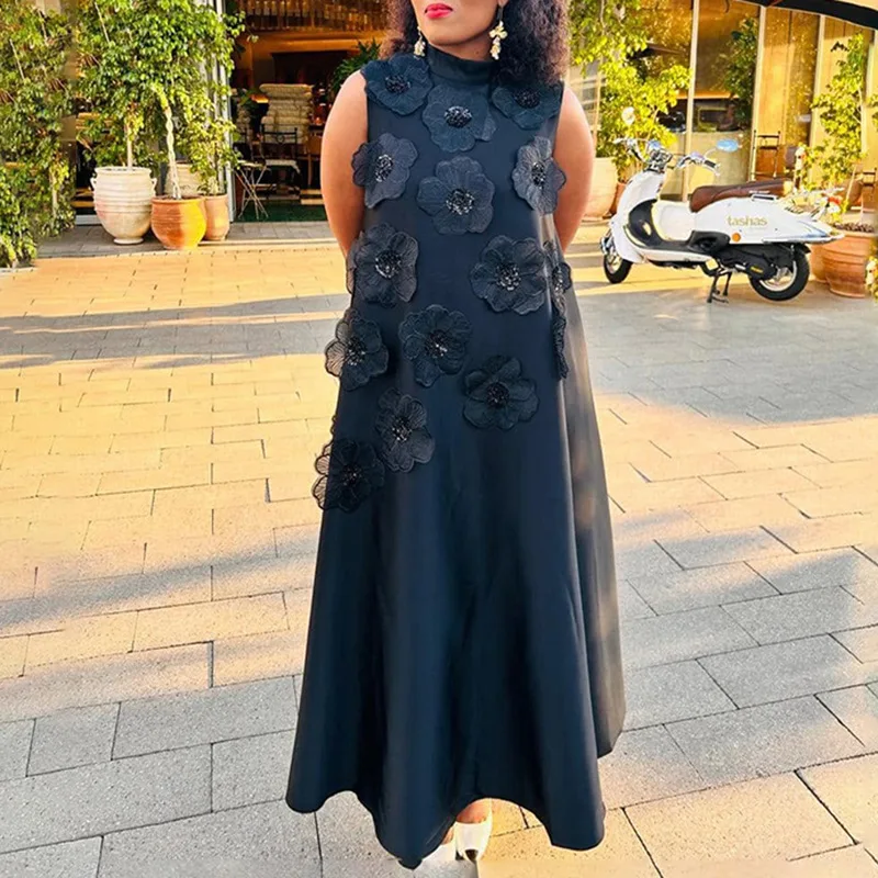 

French elegant long dress heavy industry splicing flower sleeveless slim dress fashion simple luxury temperament high-end resort