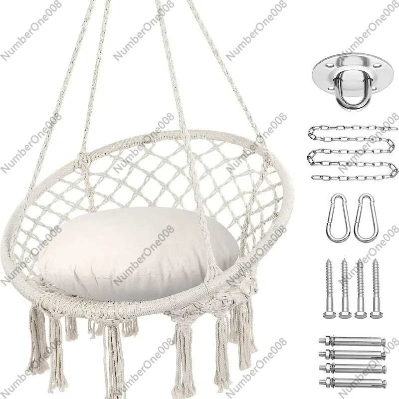 Macrame Hanging Chair Cotton Rope Swing Chair Indoor Outdoor Egg Chair Hammock for Bedroom Patio Boho Decor