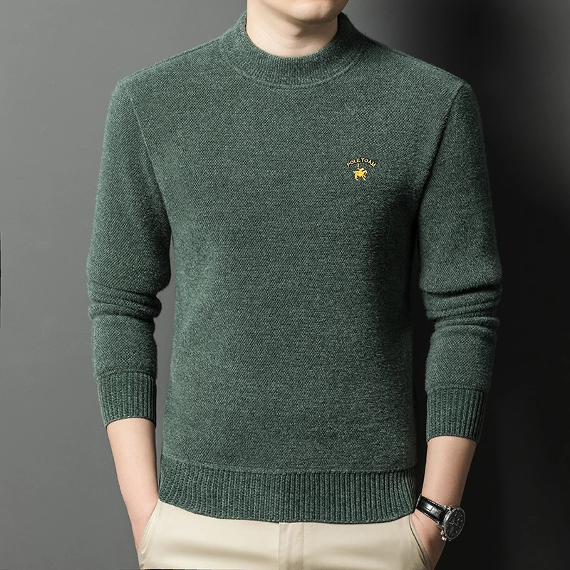 Высокое качество изысканный мужской трикотаж с вышивкой лошади, новый зимний пуловер с круглым вырезом и длинным рукавом, бархатная утепленная трендовая мужская одежда