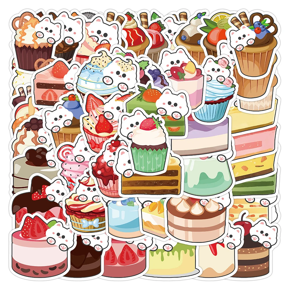 10/30/60pcs Cute Cake Cat Aesthetic Stickers Cartoon Decals Kids Toy Notebook Laptop Phone Diary Car Luggage Decoration Sticker