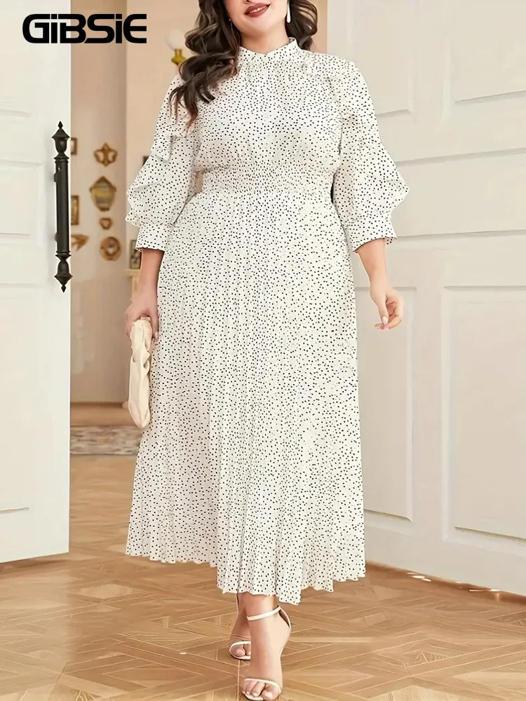 GIBSIE Plus Size Polka Dot Ruffle Trim Elegancka sukienka damska Wiosna Jesień Mock Neck 3/4 Rękaw Wysoka talia A-line Maxi Długie sukienki