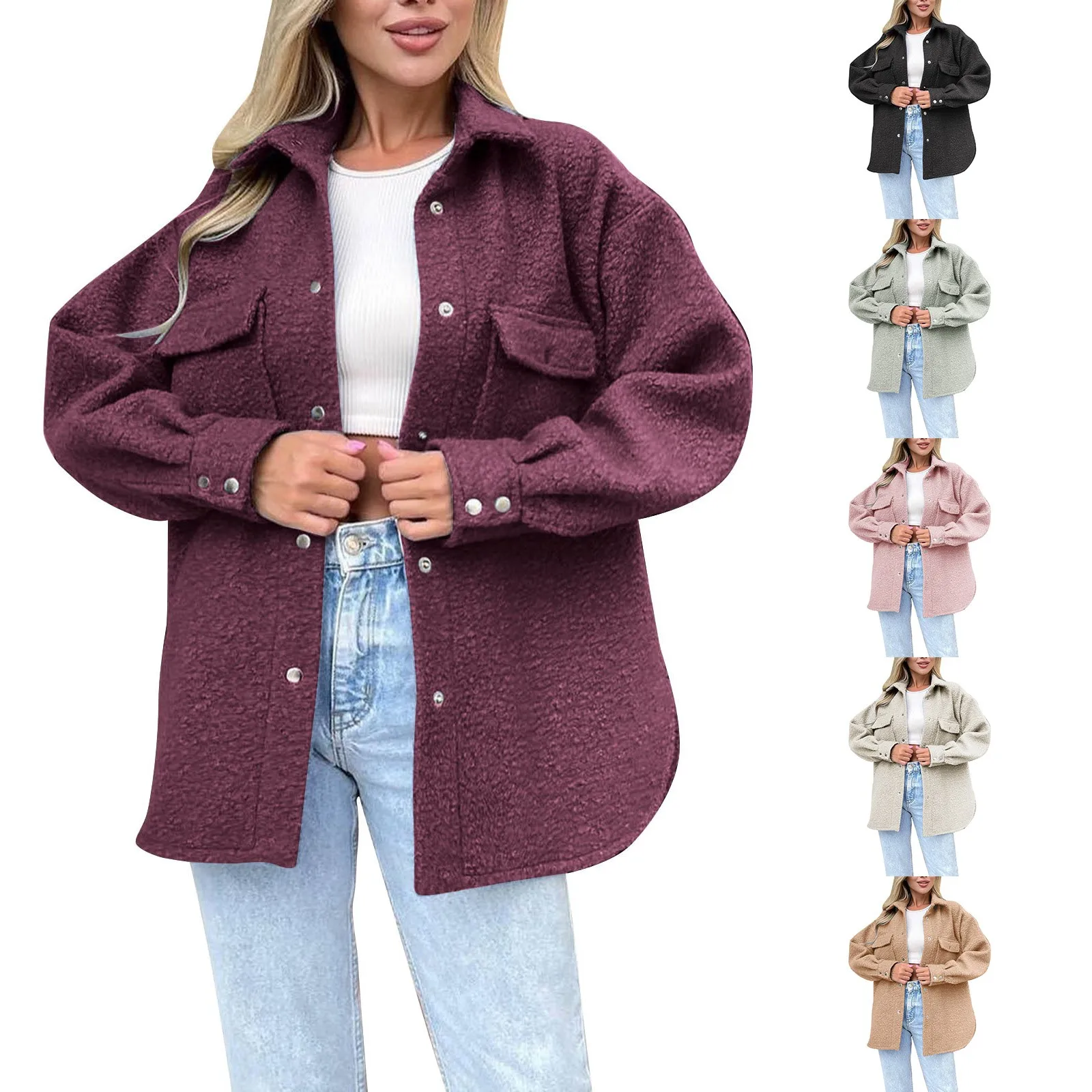 

Womens Fleece Shirt Jacket Oversized Button Down Long Shacket Jacket With Pockets Falls Jacket
