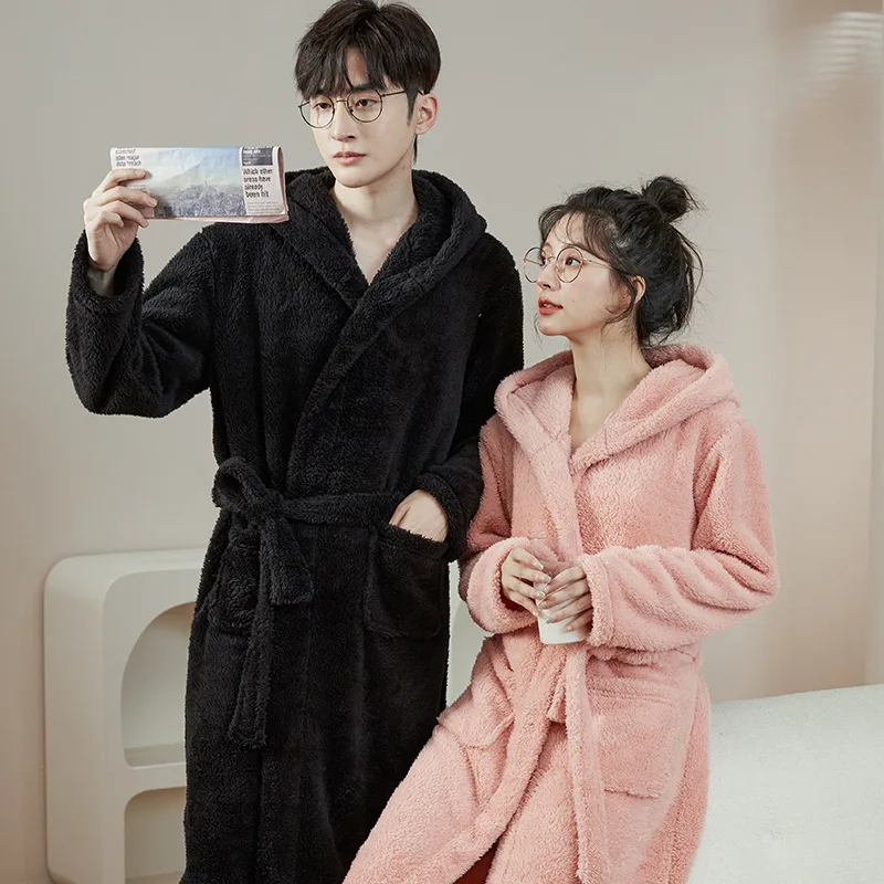 Couple Bathrobe Hooded Winter Warm Flannel Robe Sleepwear Long Sleeve Plush Shawl Male Bath Robe Lounge Nightgown Home Clothes