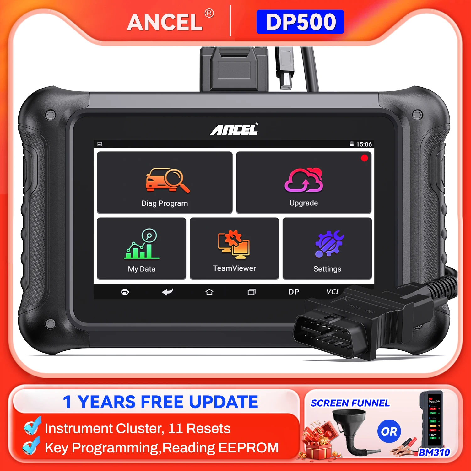 ANCEL DP500 OBD2 Auto Diagnostic Tool Mileage Adjustment Tool Key Programmer Immobilizer EEPROM Read Pin Code With 11 Reset