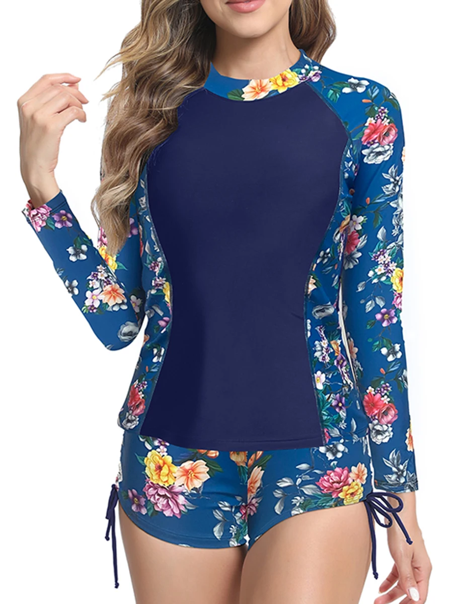 

2025 Floral Swimuit Women Two Pieces Slim Long Sleeves Rushguard Swimwear Female Bathers Bathing Swimming Swim Surf Suit XXL