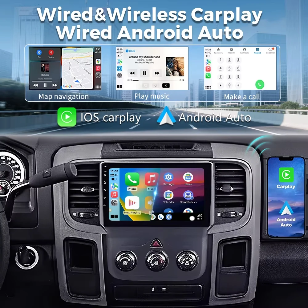 

9-дюймовая автомагнитола Android 15 с GPS-навигацией, 4+64 ГБ, для Ram 1500 2500 3500 2013-2019, с Carplay, разделенным экраном и камерой заднего вида
