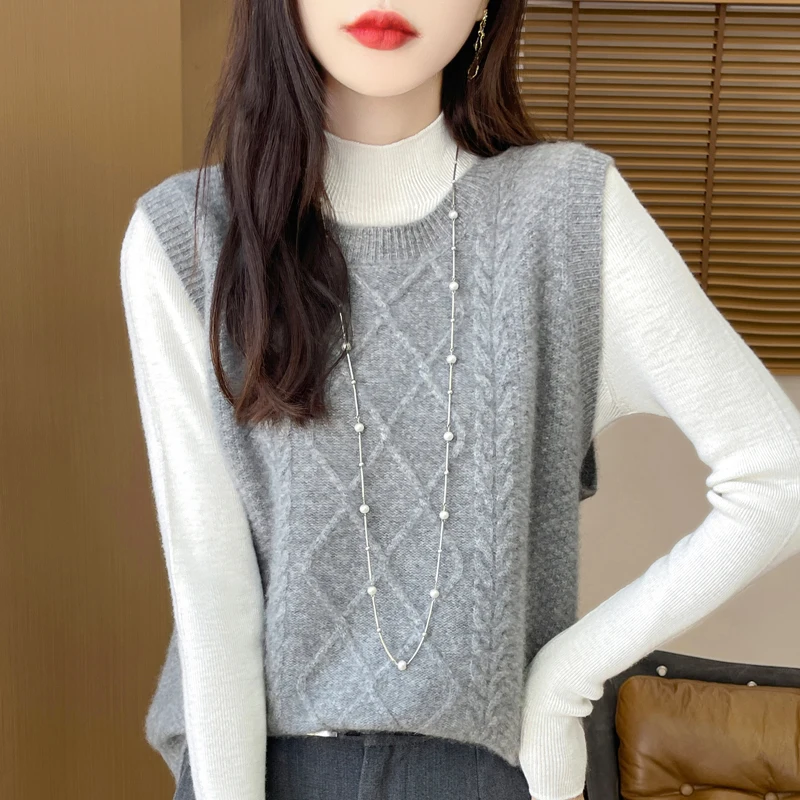 

Autumn and winter new 100% pure wool women's O-neck pullover sweater vest knitted cashmere bottoming shirt