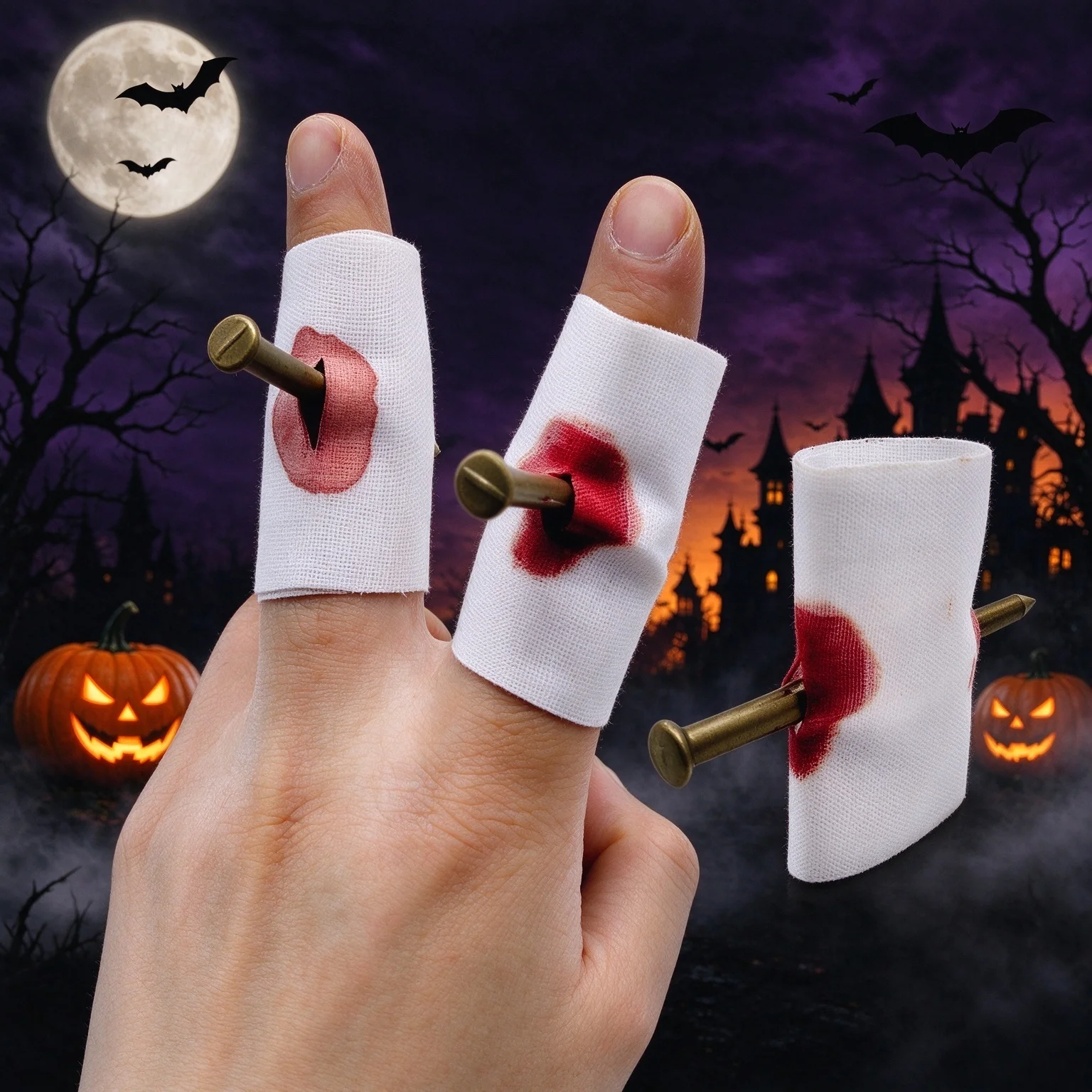 `Fake Nail Through Finger Prank Toy Bloody Bandage Magic Trick Prop Scary Halloween April Fool Party Joke Decoration`