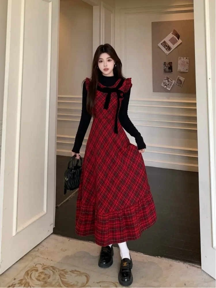 

plus Size Plaid A-Line Long Dress Waist-Cinching Slimming Design Autumn Winter Vintage Checkered Print Faux Two-Piece Dress