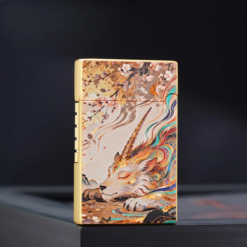 Color Printing 3D Loud Sound Slanting Flame Inflatable Lighter, Metal Three-dimensional Pattern Side Sliding Open Flame Lighter