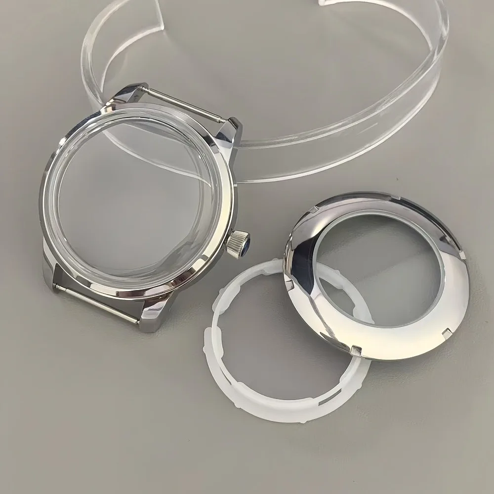 حافظة ساعة من الفولاذ المقاوم للصدأ 40.5 مللي متر قوس زجاجي شفاف غطاء خلفي فضي ذهبي لحركة NH35 NH38 ساعة الكوكتيلات جزء وزارة الدفاع