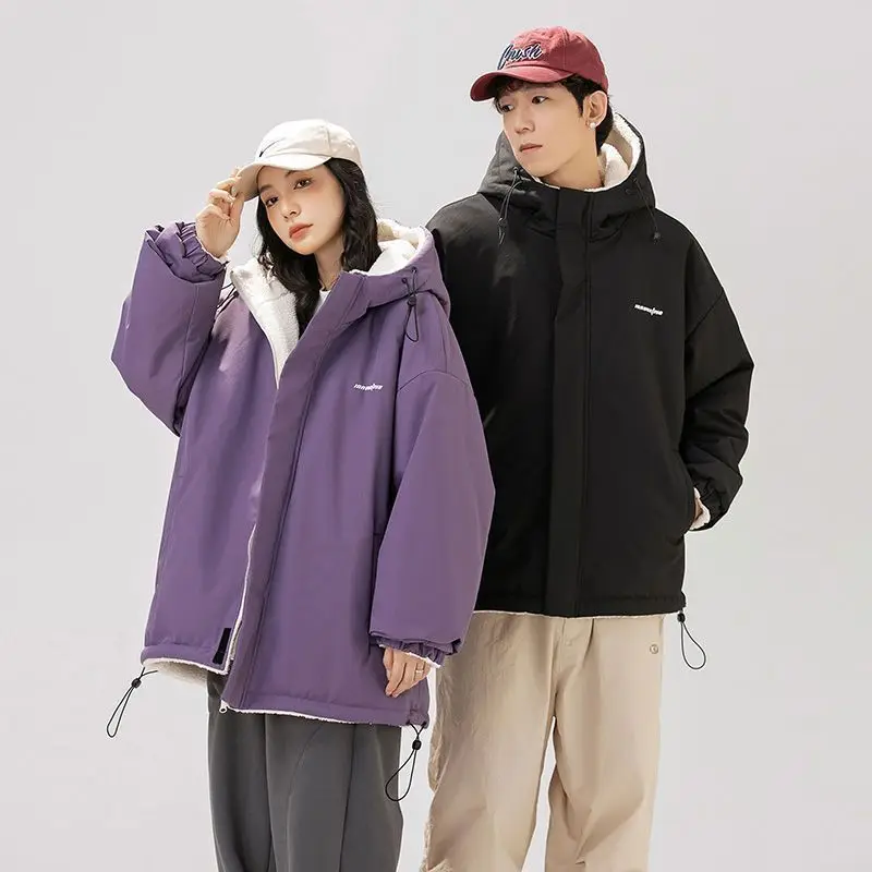 

Thiened Cotton Jaet Women's Winter Lamb Velvet Double-sided Wear Design Sense Hong Kong Sle Retro Loose Match Couples C...