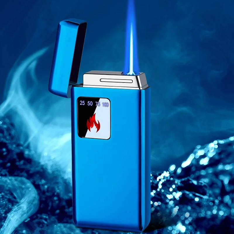 Metal Electric Blue Flame Ice Plating Digital Display Power Touch Sensor Outdoor Windproof Jet Cigar Torch Lighter Without Gas 