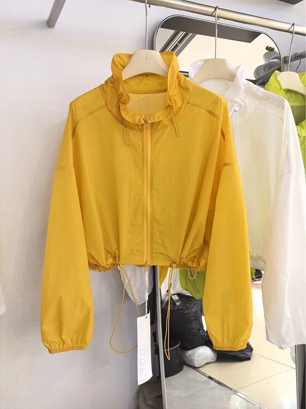 Women's Drawstring Waist Loose Fit Casual Stand Collar UV Protection Outerwear Breathable Comfortable Summer Short Coat