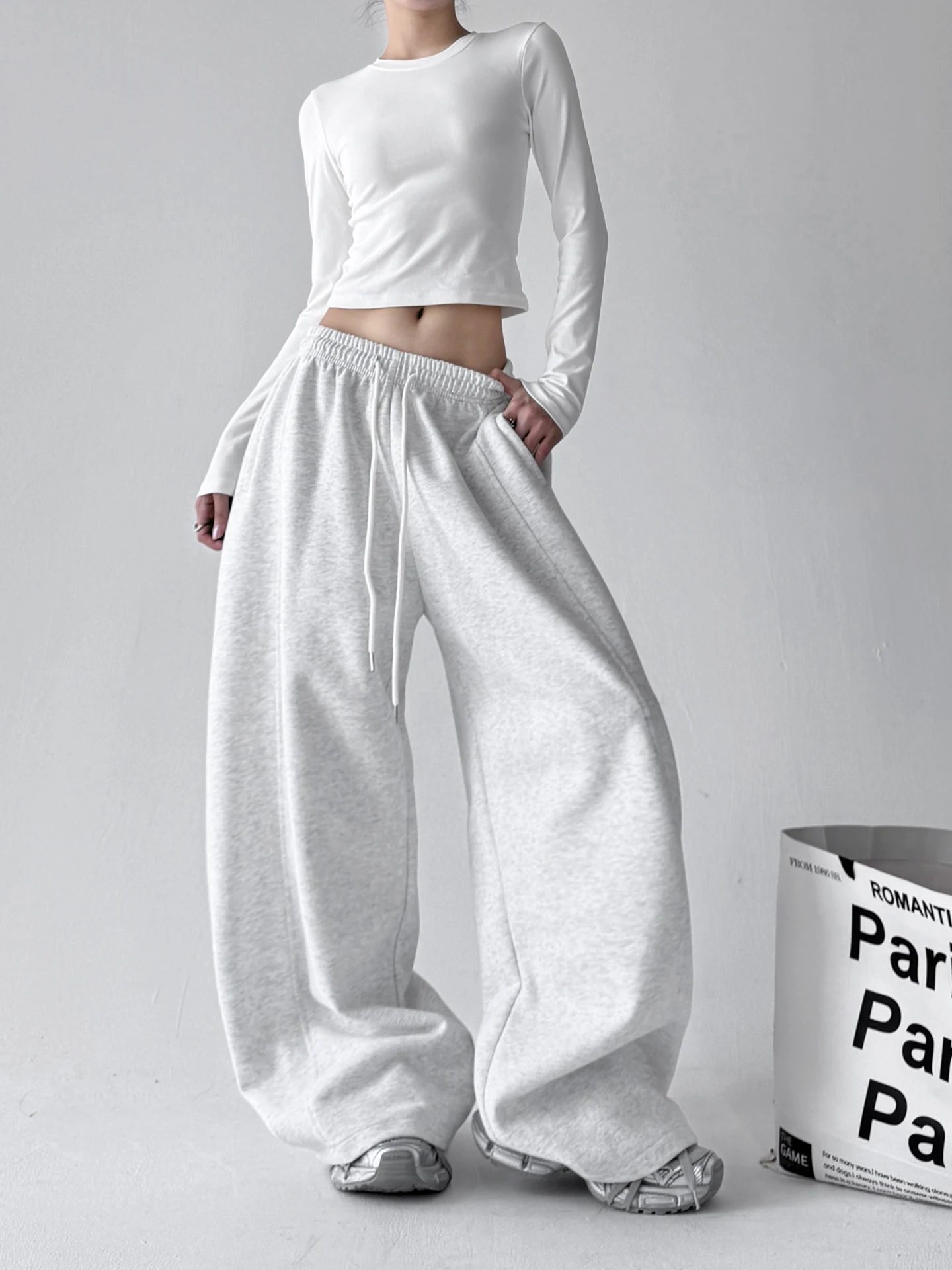 White ey Wide Leg Pants Women's Loose Comfortable Spor Casual Trousers High Waist Polyester Cotton Blend Winter Faion