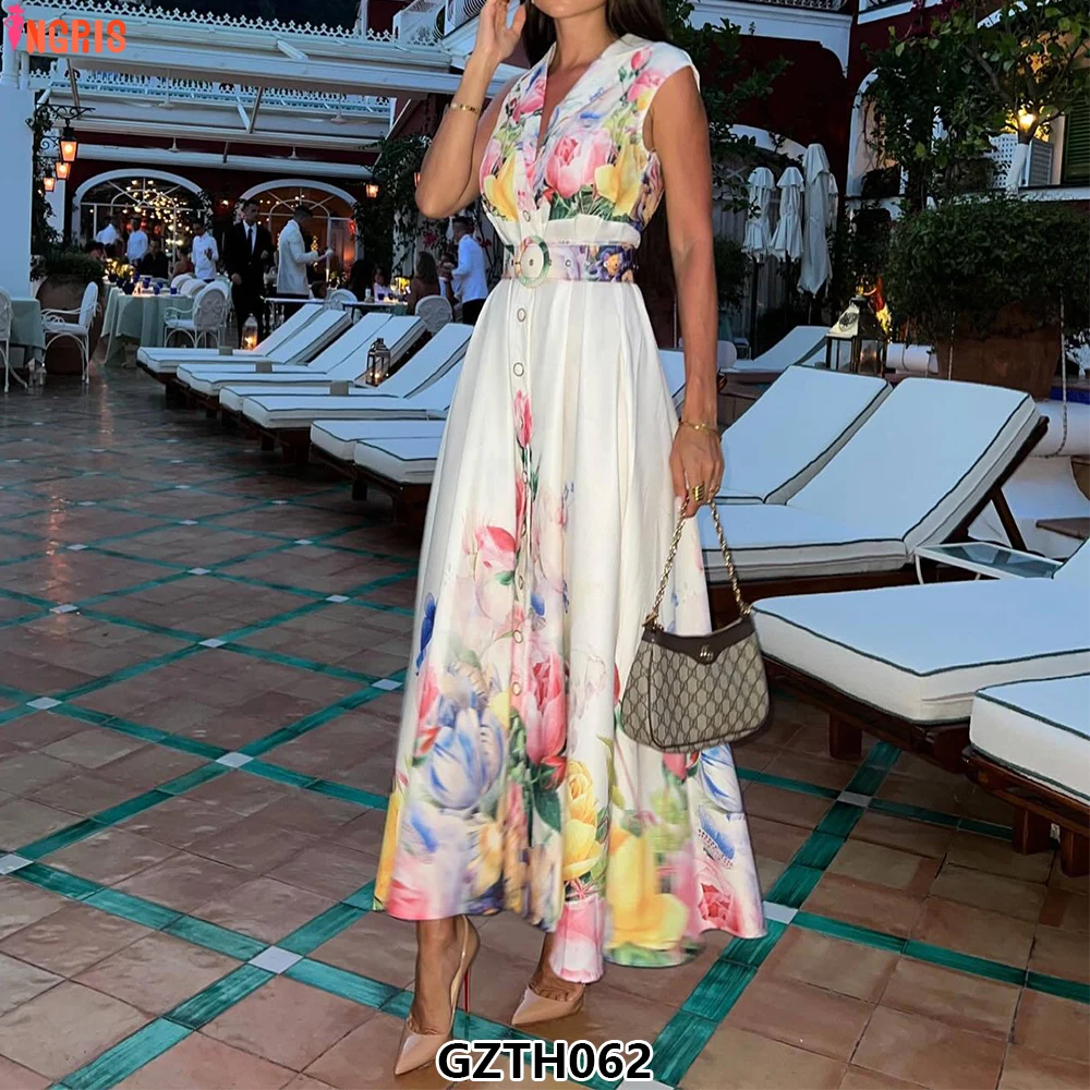 

Elegant Notched Collar Tunic Slim Blazer Midi Dress For Women Sleeveless Printed Lace Dress-GZTH062