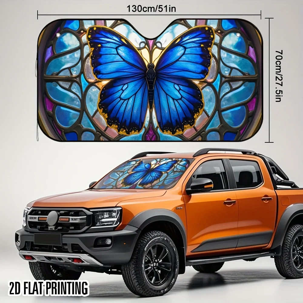 1pc 2D Flat Butterfly Dance Colorful Window Art Print Car Sunshade – Easy Install With 4 Suction Cups, Keeps Car Cool, Foldable