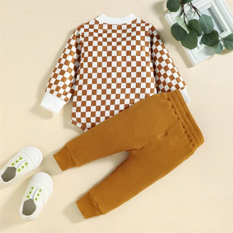 2 Pieces Baby Suit Set Checkerboard Print Long Sleeve Romper with Buttons Tie-Up Long Pants 0-24 Months