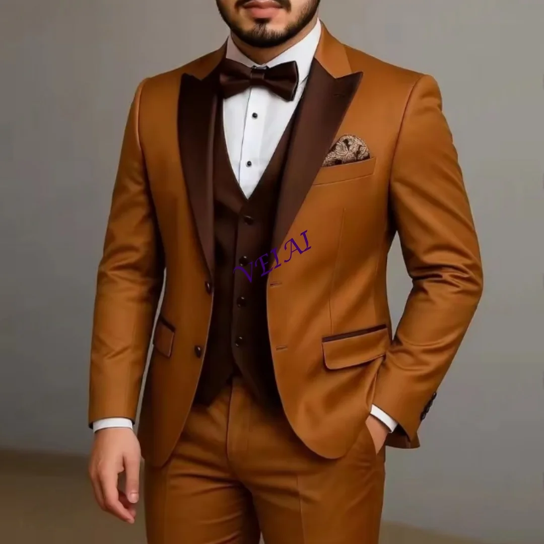 

Индивидуальный новый коричневый и темно-коричневый деловой мужской костюм для жениха, жениха, свадебной вечеринки, выпускного вечера, деловые мужские смокинги, комплект из 3 предметов, блейзер V