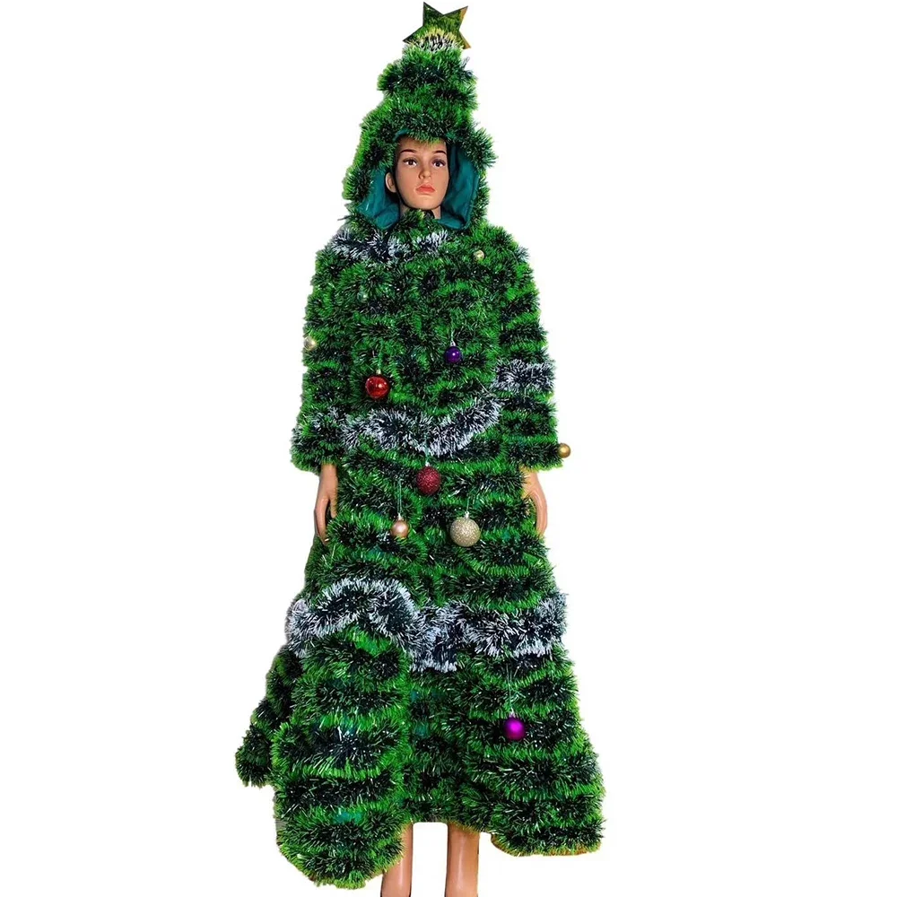 

Beading Green Christmas Tree Role Playing Dress Personality Longsleeve Women Hooded EveningProm Outfit Halloween Party Costume