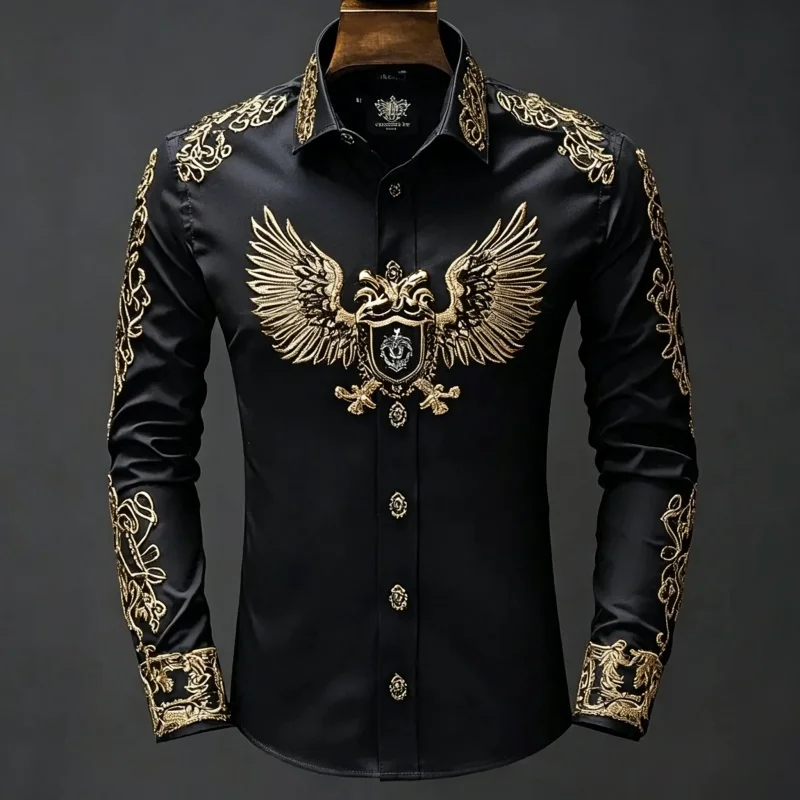Men's shirt light luxury printed long sleeved shirt European gold eagle print shirt Business casual banquet high-end men's shirt