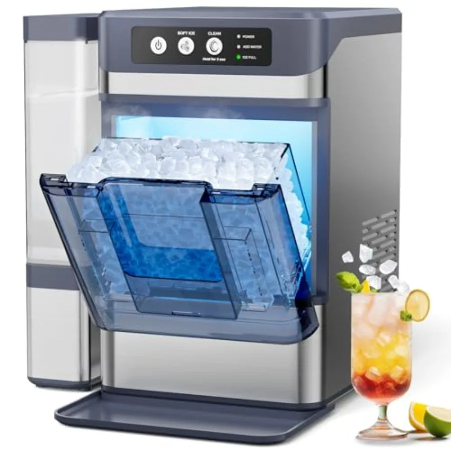 

Portable nugget ice maker for kitchen/home/office/bar, stainless steel, silver, 44 lbs/24h output, 0.8-gallon tank, soft chewab