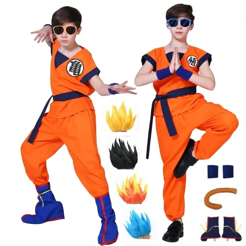 Disfraces de Halloween para adultos y niños, disfraz de Son Goku, trajes de Krillin, disfraces de fiesta de Anime para niños, muñeca de cola, peluca súper Saiyan