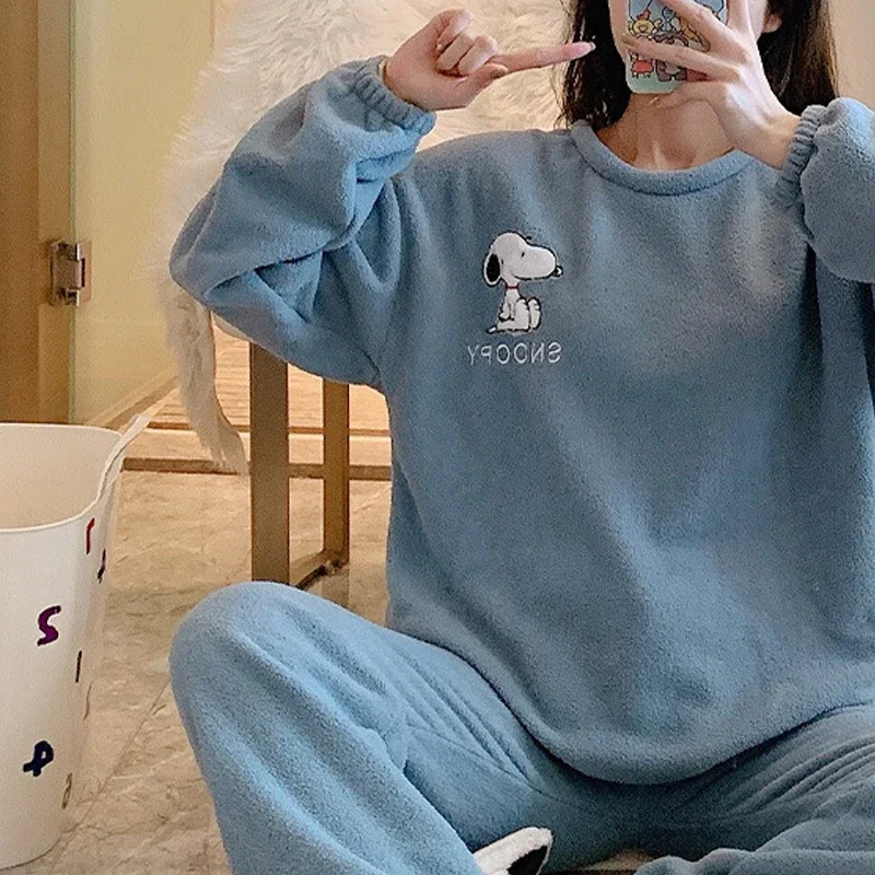 Snoopy Pajamas Set Anime Winter Women Flannel Sleepwear Thick Warm Pullover Tops Pants Cartoon Female Homewear Pajamas Gifts