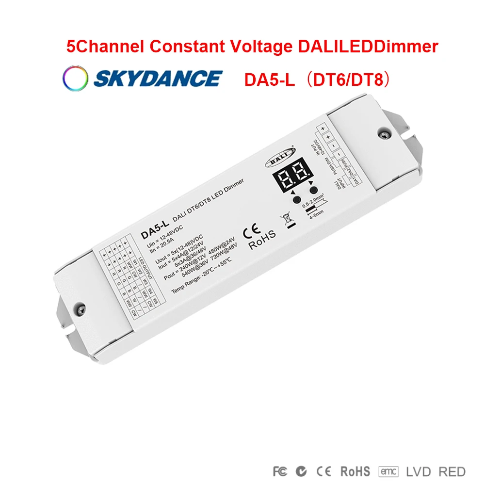 Skydance DA5-L（DT6/DT8）DC12V-48V Constant Voltage 5CH*4A DALI LED Dimmer Controller  For Single/Dual Color RGB RGBCCT LED Strip
