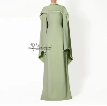 Customized Green Wedding Guest Dresses for Women 2025 O Neck Full Sleeves Modest Formal Party Gowns Long Pearls Shawl Evening Dr