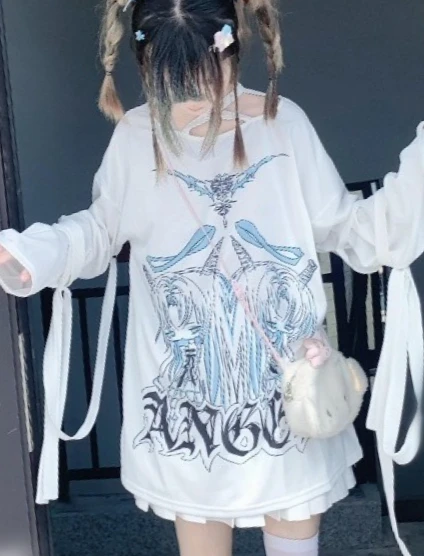 

Original Japanese Subculture Anime Girl Print Strap Halter Long Sleeve T-Shirt Women Gothic Sweet Mid-Length Oversized T Shirt