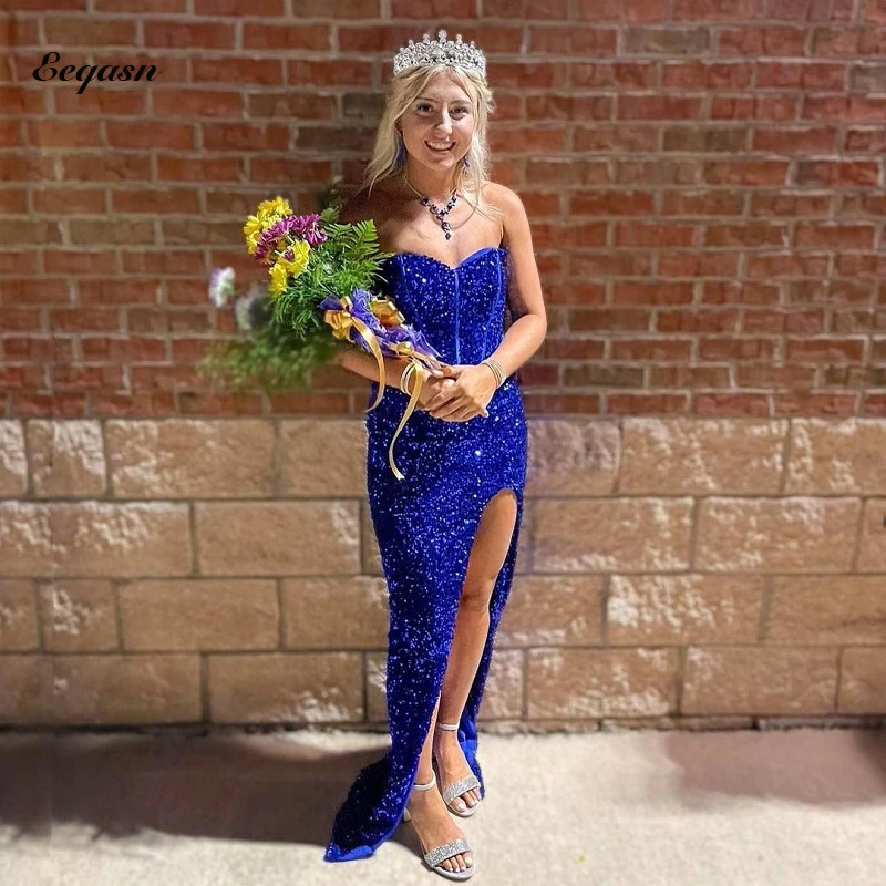 

Sparkly Bling Royal Blue Evening Dresses Mermaid V Neck Side Slit Women Long Pageant Dress Formal Prom Gown Gala Party Gown