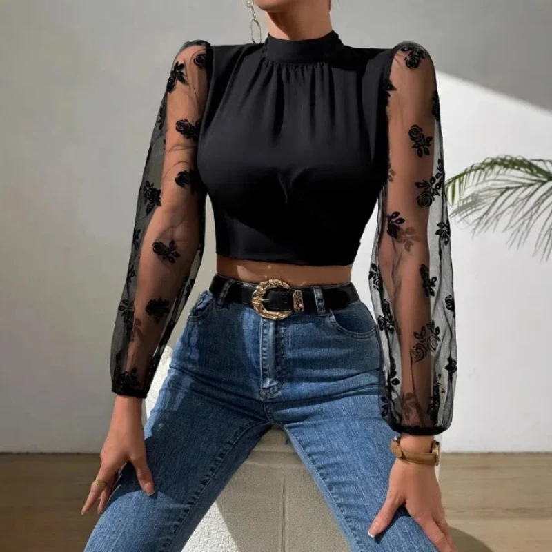 Women's Fashionable Backless Lace-up Floral Stand Collar Shirt