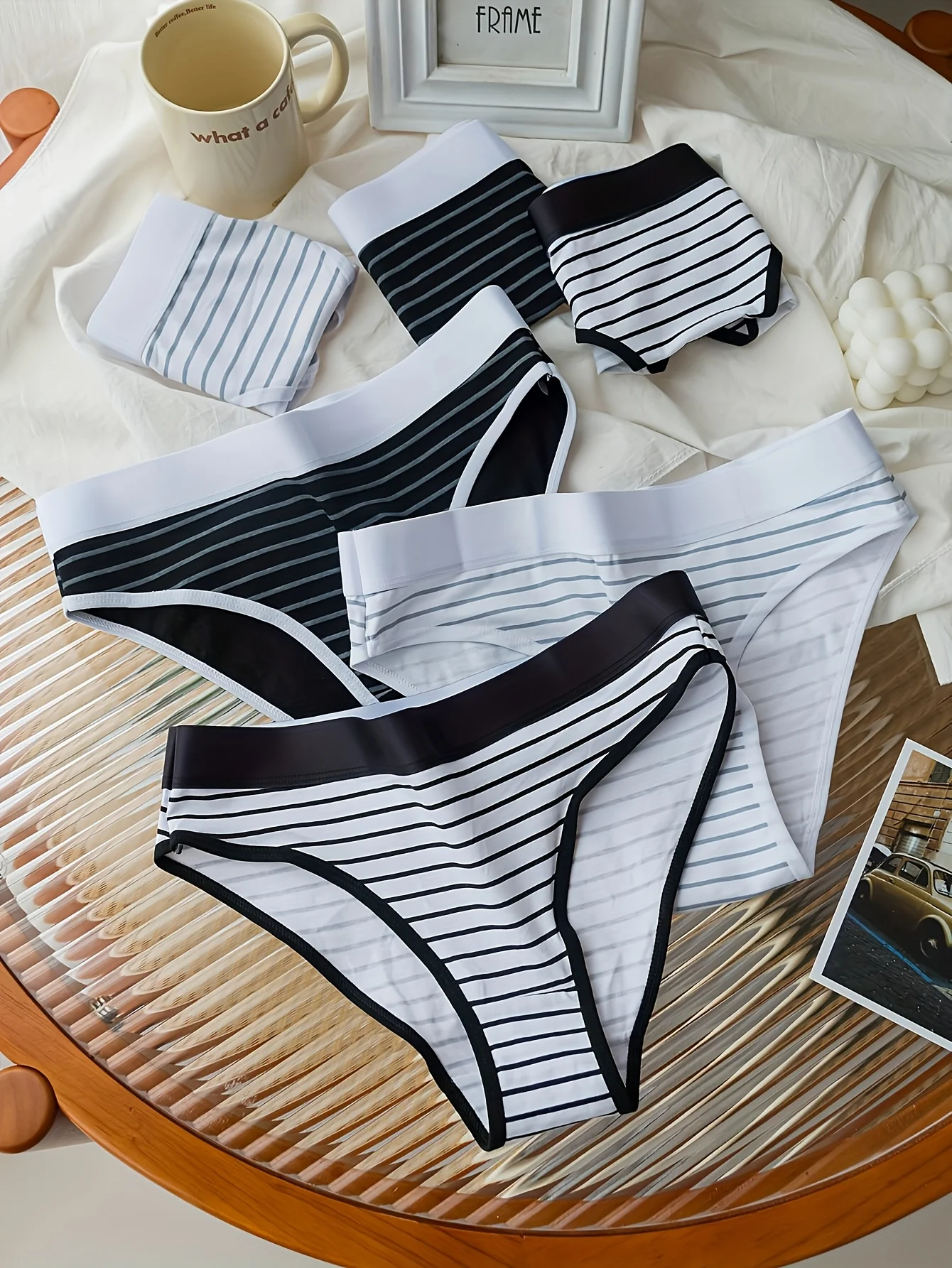 

6-компонентные смешанные трусы для девочек в стиле ретро в черно-белую полоску, большие размеры из чистого хлопка с широким поясом