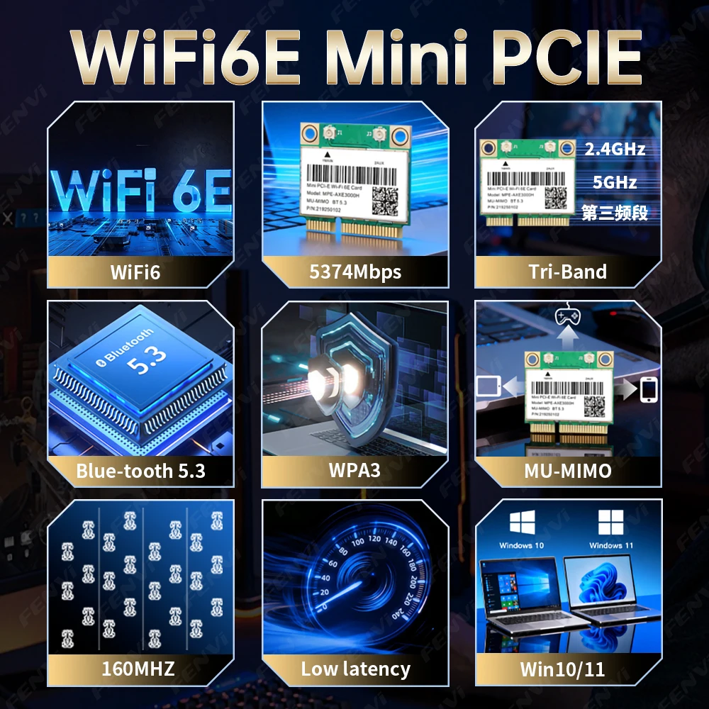 WiFi 6E MPE-AXE3000H BT5.3 Mini PCI-E WiFi Card 5374Mbps Tri Band 2.4G/5G/6Ghz 802.11AX Wireless Wlan Network Card Adapter Win10
