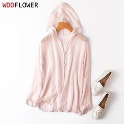 Women Hoodie 100% Mulberry Silk Thin Type Pink Buttons Down Cardigan Long Sleeve Coat Top Blouse Summer Beach Cover Up M1152