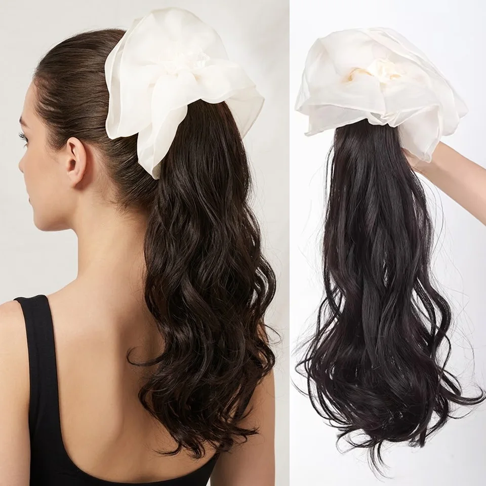 16 Inch Black Wavy Ponytail Extension Bowknot Scrunchie Pony Tail Synthetic Hairpiece 110g Curly Hair Extension Women